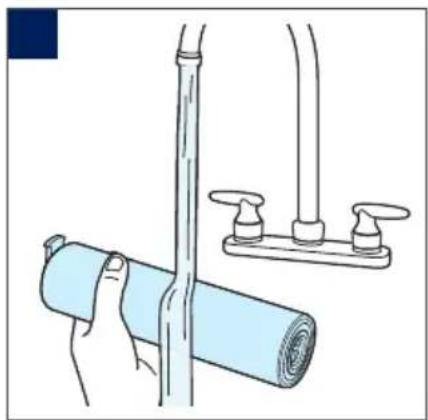Illustration of a hand holding a rolled-up blue object next to a pipe with two valves, next to a horizontal drain (no text or symbols)