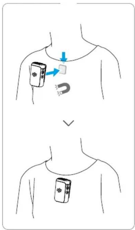 Diagram illustrating the use of a medical device on a patient's chest, showing two steps with icons and directional arrows.