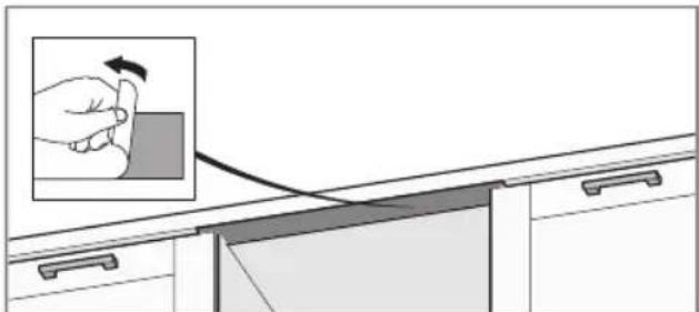 Diagram showing a hand holding a tool interacting with a cabinet, with an inset magnified view of the tool (no text or symbols present)
