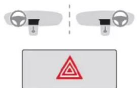 Diagram showing car dashboard and steering wheel with a warning triangle symbol indicating hazard or hazard.