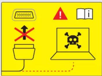 Safety warning diagram showing a device with a cross symbol, warning sign, and laptop displaying a skull with crossbones.