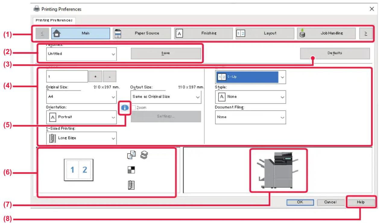 (1) Main Paper Source Finishing Layout Job Handling (2) Payouts: Untitled Save Defaults (3) 1 + - Original Size: 210 x 297 mm. A4 Output Size: 210 x 297 mm. Same as Original Size Orientation: A Portrait Zoom Settings... (4) 2-Sided Printing: Long Edge (5) (6) 1 2 Document Filing: None (7) OK Cancel…