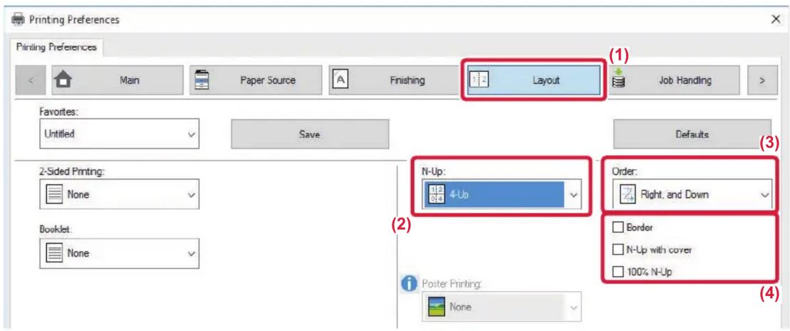 Printing Preferences Printing Preferences Main Paper Source Finishing Layout Job Handling Favorites: Untitled Save Defaults (3) 2-Sided Printing: None N-Up: 4-Up Order: None Border Booklet: None N-Up with cover Poster Printing: None 100% N-Up (4)