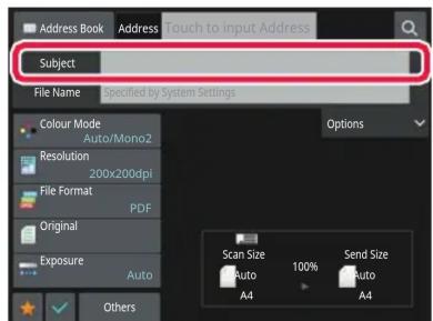 Address Book Address Touch to input Address Subject File Name Specified by System Settings Colour Mode Auto/Mono2 Resolution 200x200dpi File Format PDF Original Exposure Auto Others Scan Size Auto 100% Send Size Auto A4 A4