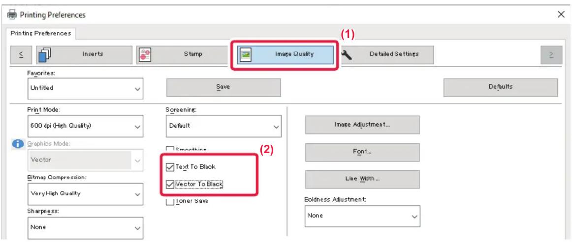 Printing Preferences Printing Preferences Inserts Stamp Image Quality Detailed Settings Favorites: Untitled Save Defaults Print Mode: 600 dpi (High Quality) Graphics Mode: Vector Bitmap Compression: VeryHigh Quality Sharpness: None Screening: Default Smoothing Text To Black Vector To Black Liner Sav…
