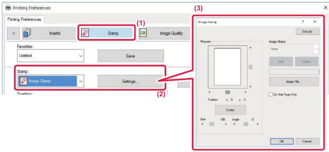 Printing Preferences Printing Preferences Inserts Stamp Image Quality Favorites: Untitled Save Stamp: Image Stamp Settings... Quarties: (1) (2) (3) Image Stamp ? × Defaults Preview Image Stamp: None Add Delete Image Filo... On First Page Only Center Size: 100 Angle: 0 OK Cancel