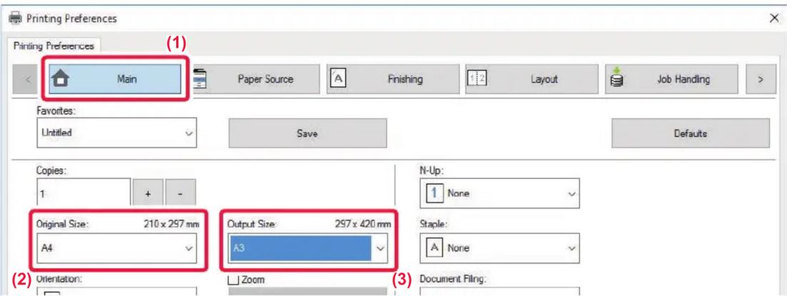 Printing Preferences Printing Preferences (1) Main Paper Source A Finishing Layout Job Handling Favorites: Untitled Save Defaults Copies: 1 + - Original Size: 210 x 297 mm A4 Output Size: 297 x 420 mm A3 Orientation: Zoom N-Up: 1 None Staple: A None Document Filing: (2) (3)
