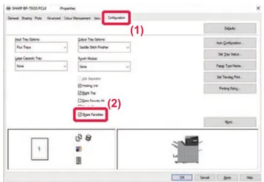 SHARP BP-TICOS PCL6 - Properties General Sharing Posts Advanced Colour Management Sets Configuration Input Tray Options: Four Trays Large Capacit Tray: None Output Tray Options: Saddle Stitch Finisher Furnish Module: None Job Separator Printing Line Light Tray Data Security Kit Figure Features (1) (…