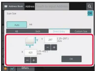 Address Book Address Touch to input Address Scan Size Auto A4 AB Inch Direct Entry Custom Size Y 297 (25-297) mm X 420 (25-432) mm - + OK Others