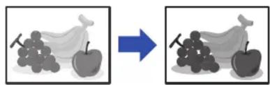 Two side-by-side illustrations showing a bunch of grapes and an apple, with a blue arrow pointing to the fruit (no text or symbols)