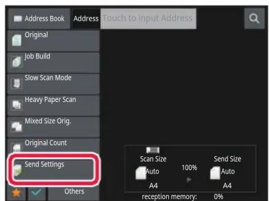 Address Book Original Job Build Slow Scan Mode Heavy Paper Scan Mixed Size Orig. Original Count Send Settings Scan Size Auto 100% A4 A4 reception memory: 0%
