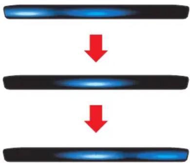 Three parallel blue gradient bars with red downward arrows indicating flow or transformation (no text or symbols)
