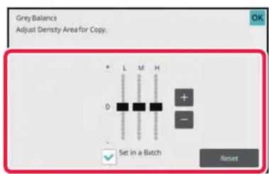 Grey Balance Adjust Density Area for Copy. + L M H 0 + - Set in a Batch Reset