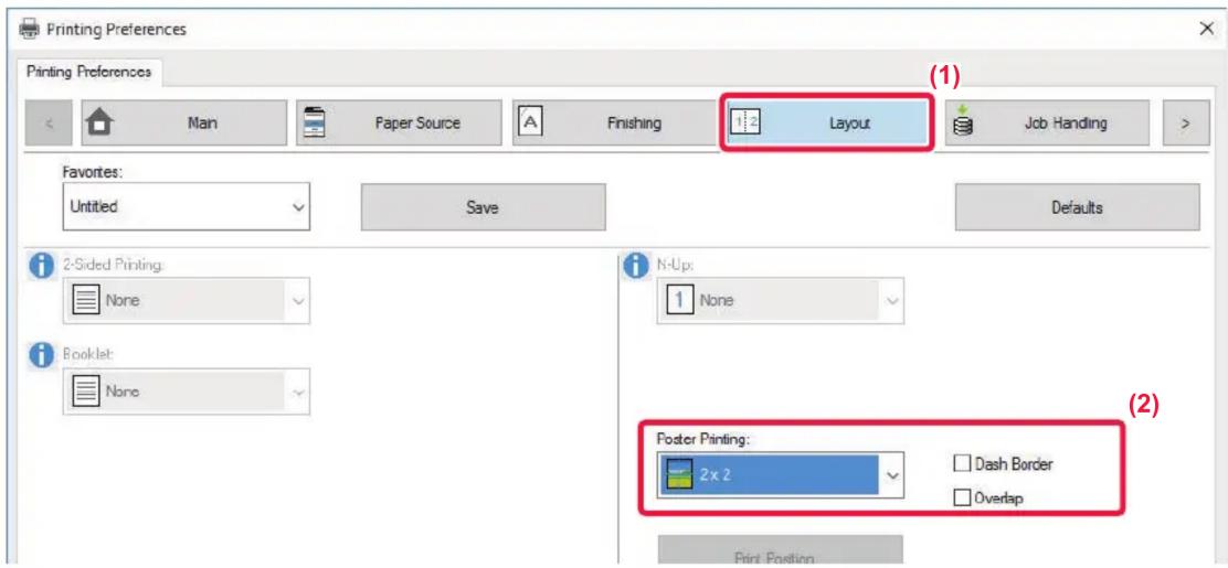 Printing Preferences Printing Preferences Man Paper Source Finishing Layout Job Handling Favorites: Untitled Save Defaults 2-Sided Printing: None Booklet: None N-Up: 1 None Poster Printing: 2x 2 Dash Border Overlap Print Position