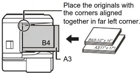 Place the originals with the corners aligned together in far left corner. B4 A3 B4(8-1/2" x 14" A3(11" x 17")