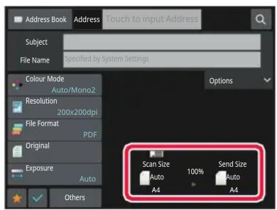 Address Book Address Touch to input Address Subject File Name Specified by System Settings Colour Mode Auto/Mono2 Resolution 200x200dpi File Format PDF Original Exposure Auto Others Scan Size 100% Send Size Auto Auto A4 A4