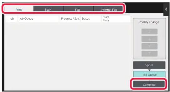 Print Scan Fax Internet Fax Job Job Queue Progress / Sets Status Start Time Priority Change Spool Job Queue Complete