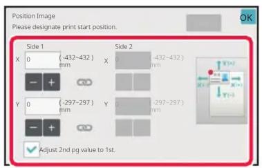 Position Image Please designate print start position. Side 1 X 0 (-432-432) mm Y 0 (-297-297) mm Adjust 2nd pg value to 1st. Side 2 X 0 (-432-432) mm Y 0 (-297-297) mm