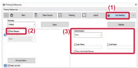 Printing Preferences Printing Preferences Man Paper Source A Printing Lenum Job Heading Favorites: Untitled Save Deluxe (2) (3) Print Release Authentication: None User Name Job Name Auto Job Control Review None Print and Send... Notify Job Bid