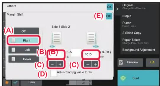 Others Margin Shift (A) Off Right Left Down (B) (B) 0~5 1010 (0~50) C (C) (- + (D) Adjust 2nd pg value to 1st. (E) Original Change Size/Direction. Staple Punch Punch Holes 2-Sided Copy Paper Select Change Paper Feed Tray Background Adjustment Preview CA Start