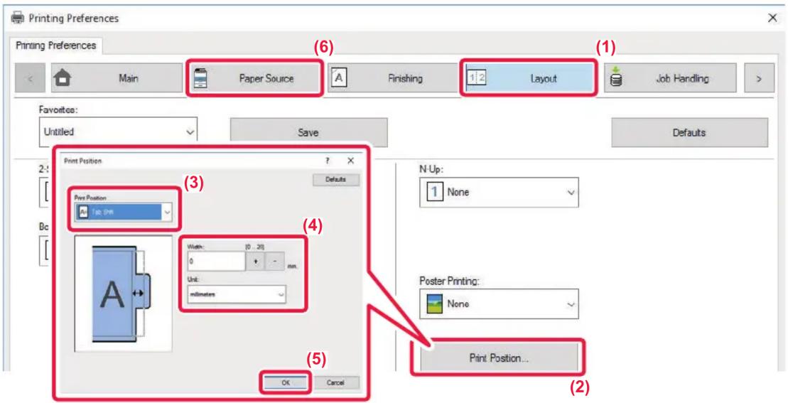 Printing Preferences Printing Preferences Main Paper Source Finishing Layout Job Handling Favorites: Untitled Save Defaults Print Position (3) Print Position Tab 5m Width: [0, .20] Unit: millimeters N-Up: 1 None Poster Printing: None Print Position... OK Cancel (4) (5) (6) (1) (2)