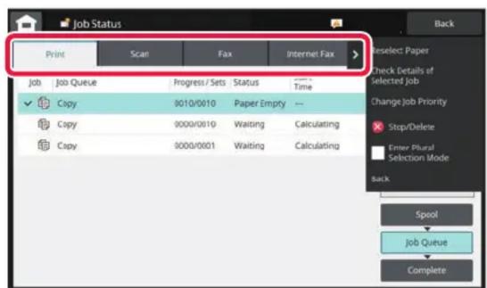 Job Status Print Scan Fax Internet Fax Job Job Queue Progress / Sets Status Time Copy 8010/0010 Paper Empty Copy 9000/0010 Waiting Calculating Copy 8000/0001 Waiting Calculating Reselect Paper Check Details of Selected Job Change Job Priority Step/Delete Timer Plural Selection Mode Back Spool Job Qu…