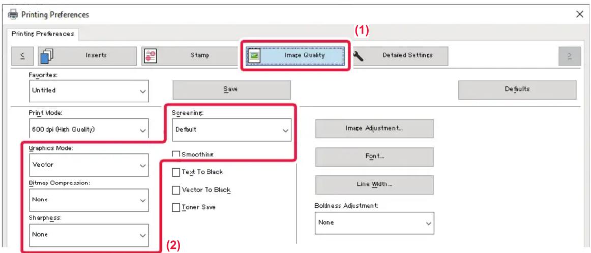 Printing Preferences Printing Preferences Inserts Stamp Image Quality Detailed Settings Favorites: Untitled Save Defaults Print Mode: 600 dpi (High Quality) Screening: Default Images Adjustment... Graphics Mode: Vector Smoothing Text To Black Bitmap Compression: None Vector To Black Toner Save Line…