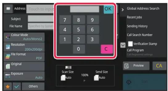 Address Touch to input Subject File Name Specified by System Colour Mode Auto/Mono2 Resolution 200x200dpi File Format PDF Original Exposure Auto Others 7 8 9 4 5 6 1 2 3 0 C Scan Size Auto 100% Send Size Auto Global Address Search Recent Jobs Sending History Call Search Number Verification Stamp Cal…