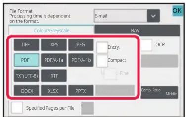 File Format Processing time is dependent on the format. E-mail Colour/Greyscale B/W TIFF XPS JPEG Encry. OCR PDF PDF/A-1a PDF/A-1b Compact TXT(UTF-8) RTF U Fine DOCX XLSX PPTX Comp. Ratio Middle Specified Pages per File 1