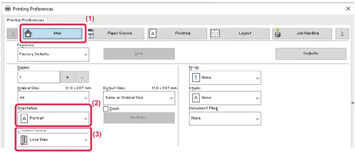Printing Preferences Printing Preferences (1) Main Paper Source A Finishing Layout Job Handling Favorites: Factory Defaults Save Defaults Copies: 1 + - Original Size: 210 x 297 mm. A4 (2) Orientation: A Portrait Long Edge Output Size: 210 x 297 mm. Same as Original Size Zoom Settings... N-Up: 1 None…