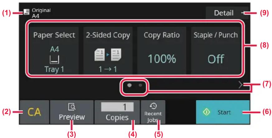 (1) Original A4 Detail Paper Select 2-Sided Copy Copy Ratio Staple / Punch A4 Tray 1 1 → 1 100% Off (9) (8) (7) (2) CA Preview 1 Recent Jobs Start (3) (4) (5)