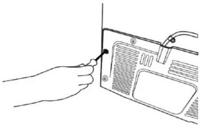 Line drawing of a hand inserting a plug into a device panel (no text or symbols)