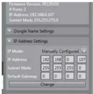 Firmware Version: 20120102 Ports 2 IP Address: 192.168.0.107 Subnet Mask: 255.255.255.0 Dongie Name Settings IP Address Settings IP Mode: Manually Configured IP Address: 192 168 0 107 Subnet Mask: 255 255 255 0 Default Gateway: 0 0 0 0 Change