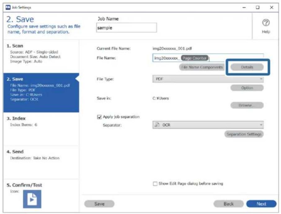 Job Settings 2. Save Configure save settings such as file name, format and separation. Job Name sample Help 1. Scan Source: ADF - Single-sided Document Size: Auto Detect Image Type: Auto 2. Save File Name: img20xxxxxx_001.pdf File Type: PDF Save in: C:\Users Separator: OCR 3. Index Index Items: 6 4.…