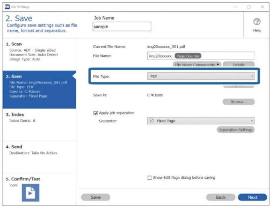 Job Settings 2. Save Configure save settings such as file name, format and separation. Job Name: sample Help 1. Scan Source: ADF - Single-sided Document Size: Auto Detect Image Type: Auto 2. Save File Name: img20xxxxxx_001.pdf File Type: PDF Save In: C:\Users Separator: Fixed Page 3. Index Index Ite…