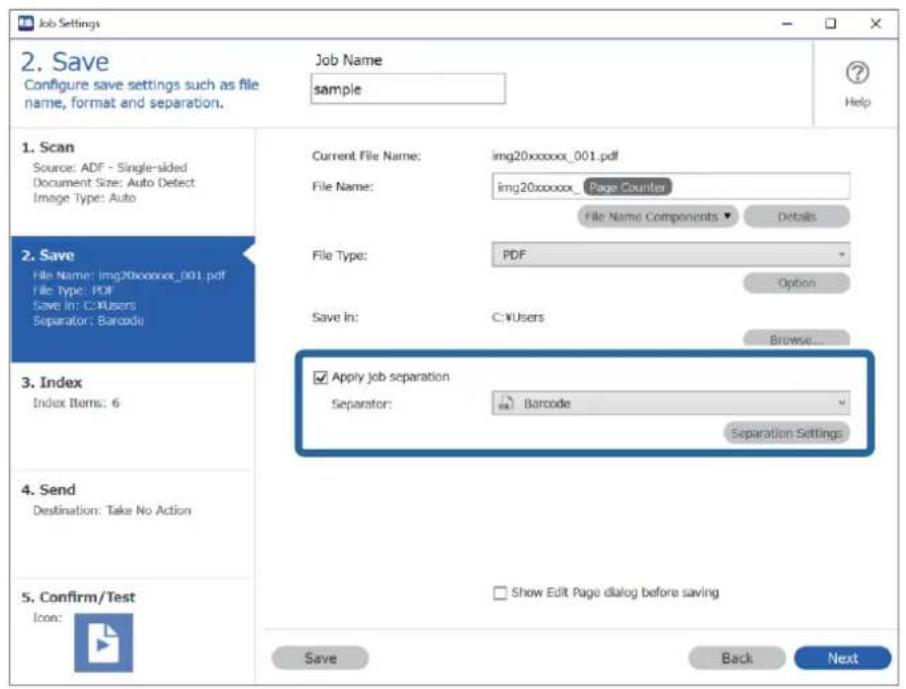 Job Settings 2. Save Configure save settings such as file name, format and separation. Job Name: sample Help 1. Scan Source: ADF - Single-sided Document Size: Auto Detect Image Type: Auto 2. Save File Name: img20xxxxxx_001.pdf File Type: PDF Save In: C:\Users Separator: Barcode 3. Index Index Items:…