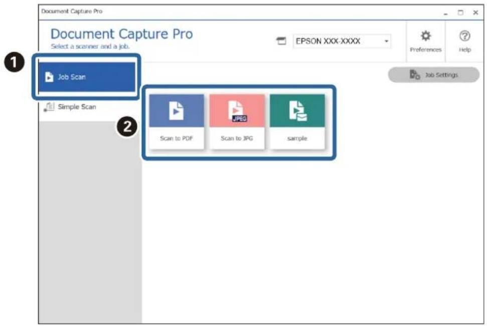 Document Capture Pro Select a scanner and a job. EPSON XXX-XXXX Job Scan Simple Scan Scan to PDF Scan to JPG sample Job Settings.