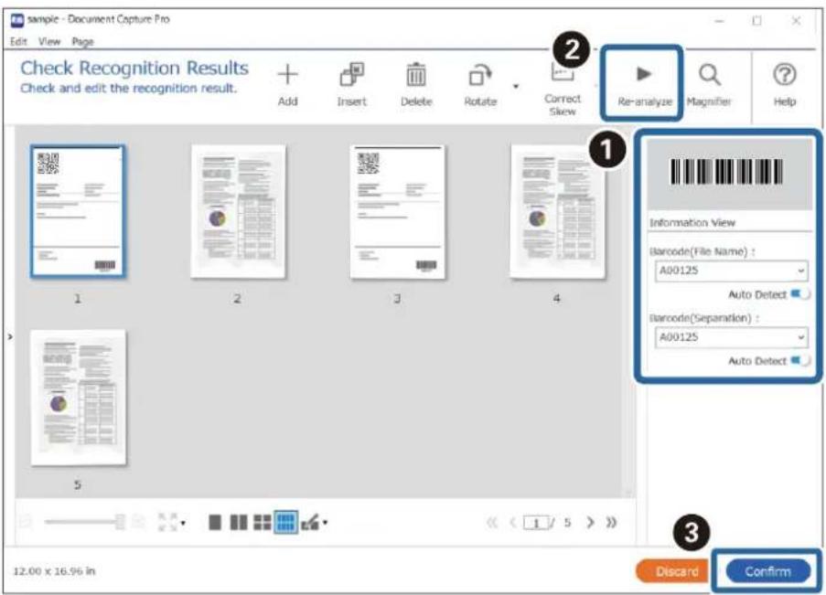 sample - Document Capture Pro Edit View Page Check Recognition Results Check and edit the recognition result. Add Insert Delete Rotate Correct Skew Re-analyze Magnifier Help 1 2 3 4 Information View Barcode(File Name): A0012S Auto Detect Barcode(Separation): A0012S Auto Detect 5 12.00 x 16.96 in Dis…