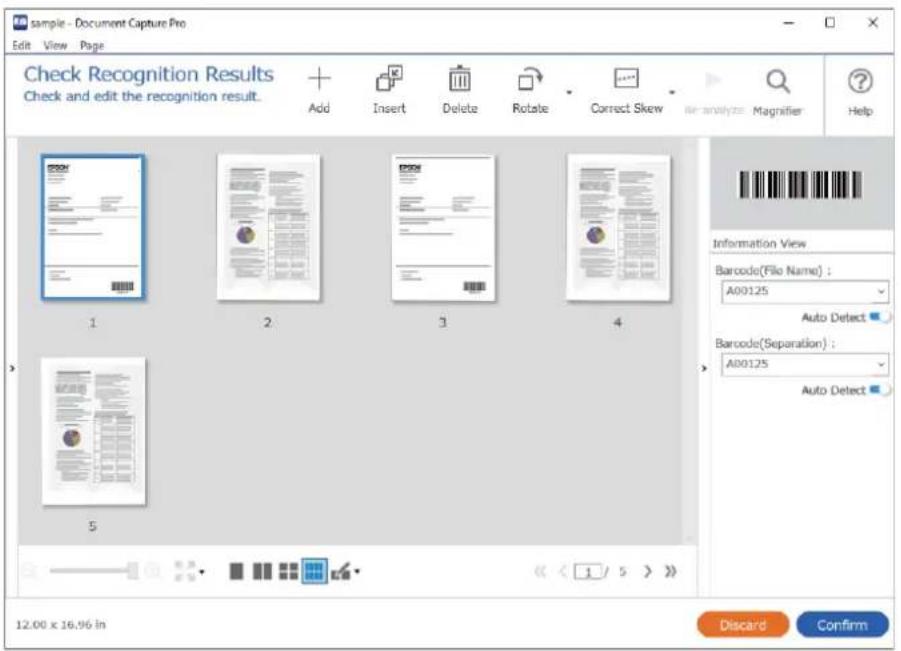 sample - Document Capture Pro Edit View Page Check Recognition Results Check and edit the recognition result. Add Insert Delete Rotate Correct Skew file analyze Magnifier Help 1 2 3 4 Information View Barcode(File Name): A00125 Auto Detect Barcode(Separation): A00125 Auto Detect 5 12.00 x 16.96 in D…