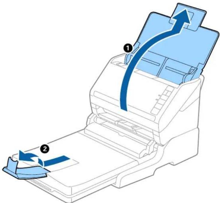 Diagram of a printer with labeled parts showing paper feeding and printing process, marked with arrows.