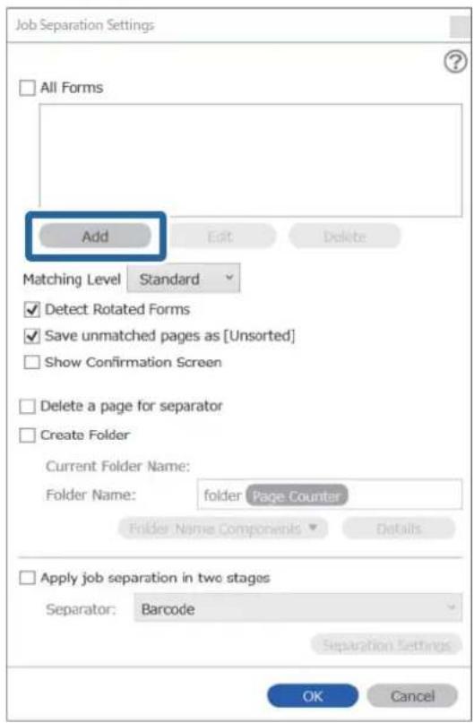 Job Separation Settings All Forms Add Edit Delete Matching Level: Standard ✓ Detect Rotated Forms ✓ Save unmatched pages as [Unsorted] Show Confirmation Screen Delete a page for separator Create Folder Current Folder Name: Folder Name: folder Page Counter Folder Name Components Details Apply job sep…