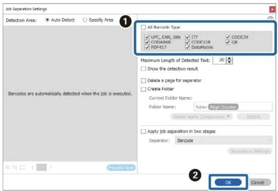 Job Separation Settings Detection Area: ● Auto Detect ○ Specify Area All Barcode Type UPC, EAN, JAN ITF CODE39 CODABAR CODE128 QR PDF417 DataMatrix Maximum Length of Detected Text: 30 Show the detection result Delete a page for separator Create Folder Current Folder Name: Folder Name: folder Page Co…