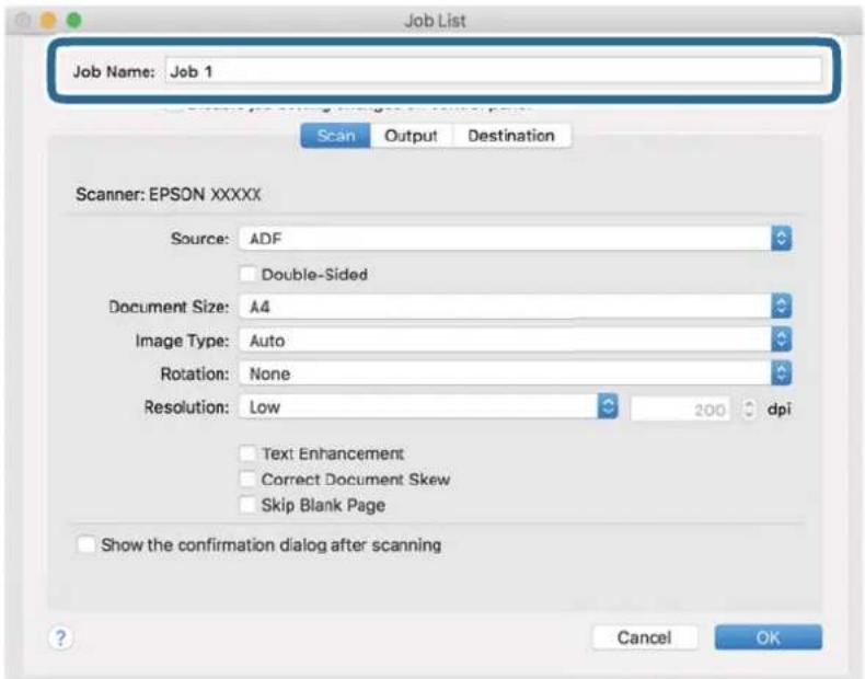 Job List Job Name: Job 1 Scan Output Destination Scanner: EPSON XXXXX Source: ADF Double-Sided Document Size: A4 Image Type: Auto Rotation: None Resolution: Low 200 dpi Text Enhancement Correct Document Skew Skip Blank Page Show the confirmation dialog after scanning Cancel OK