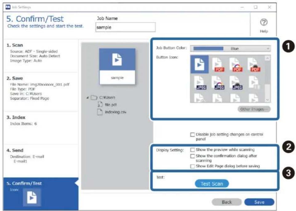 Job Settings 5. Confirm/Test Check the settings and start the test. Job Name: sample Help 1. Scan Source: ADF - Single-sided Document Size: Auto Detect Image Type: Auto 2. Save File Name: img20xxxxxx_001.pdf File Type: PDF Save in: C:\Users Separator: Fixed Page 3. Index Index Items: 6 4. Send Desti…