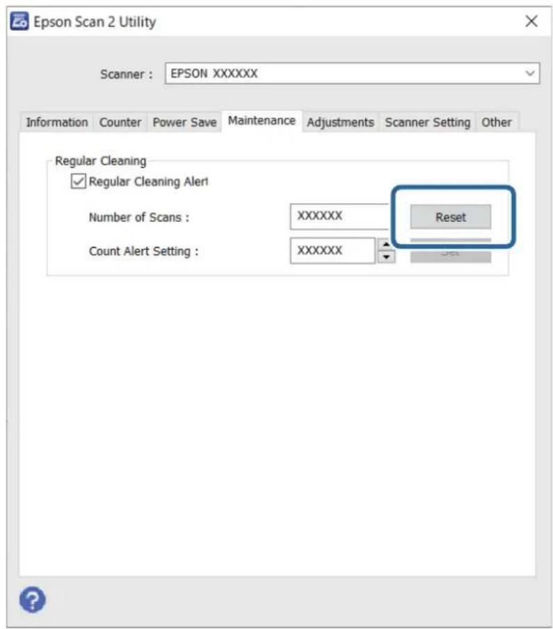 Epson Scan 2 Utility Scanner: EPSON XXXXXX Information Counter Power Save Maintenance Adjustments Scanner Setting Other Regular Cleaning ✓ Regular Cleaning Alert Number of Scans: XXXXXX Reset Count Alert Setting: XXXXXX