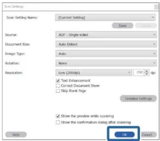 Scan Settings Scan Setting Name: (Current Setting) Save Source: ADF - Single-sided Document Size: Auto Detect Image Type: Auto Rotation: None Resolution: Low (200dpi) 200 dpi ✓ Text Enhancement ☐ Correct Document Skew ☐ Skip Blank Page Detailed Settings ✓ Show the preview while scanning ☐ Show the c…