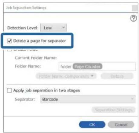 Job Separation Settings Detection Level: Low Delete a page for separator Current Folder Name: Folder Name: folder Page Counter Folder Name Components Details Apply job separation in two stages Separator: Barcode Separation Settings OK Cancel
