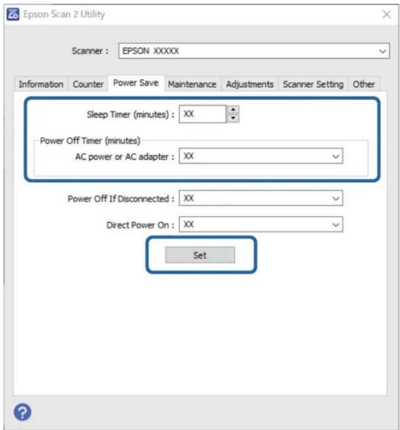 Epson Scan 2 Utility Scanner: EPSON XXXXX Information Counter Power Save Maintenance Adjustments Scanner Setting Other Sleep Timer (minutes): XX Power Off Timer (minutes) AC power or AC adapter: XX Power Off If Disconnected: XX Direct Power On: XX Set