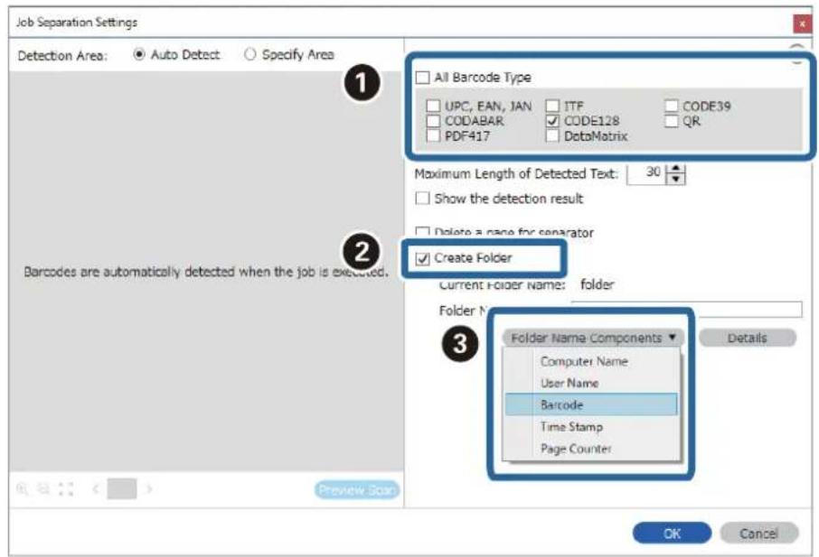 Job Separation Settings Detection Area: ● Auto Detect ○ Specify Area All Barcode Type UPC, EAN, JAN ITF CODE39 CODABAR CODE128 QR PDF417 DataMatrix Maximum Length of Detected Text: 30 Show the detection result Delete a name for separator Create Folder Current Folder Name: folder Folder Name Componen…