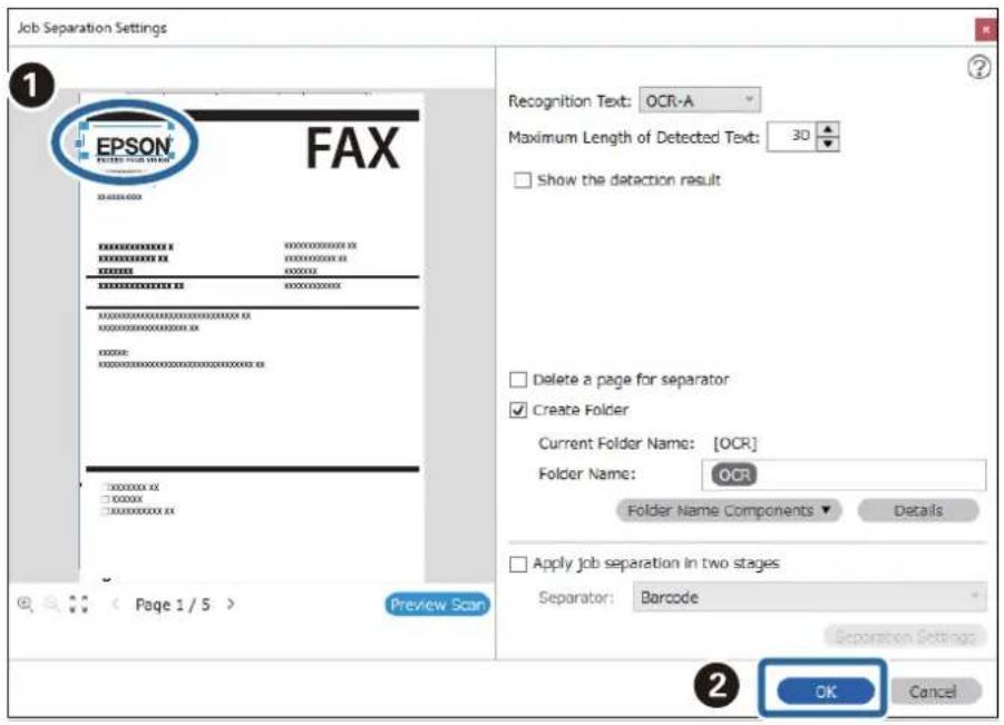 Job Separation Settings EPSON FAX FAX Recognition Text: OCR-A Maximum Length of Detected Text: 30 Show the detection result Delete a page for separator Create Folder Current Folder Name: [OCR] Folder Name: OCR Folder Name Components ▼ Details Apply Job separation in two stages Separator: Barcode Sep…